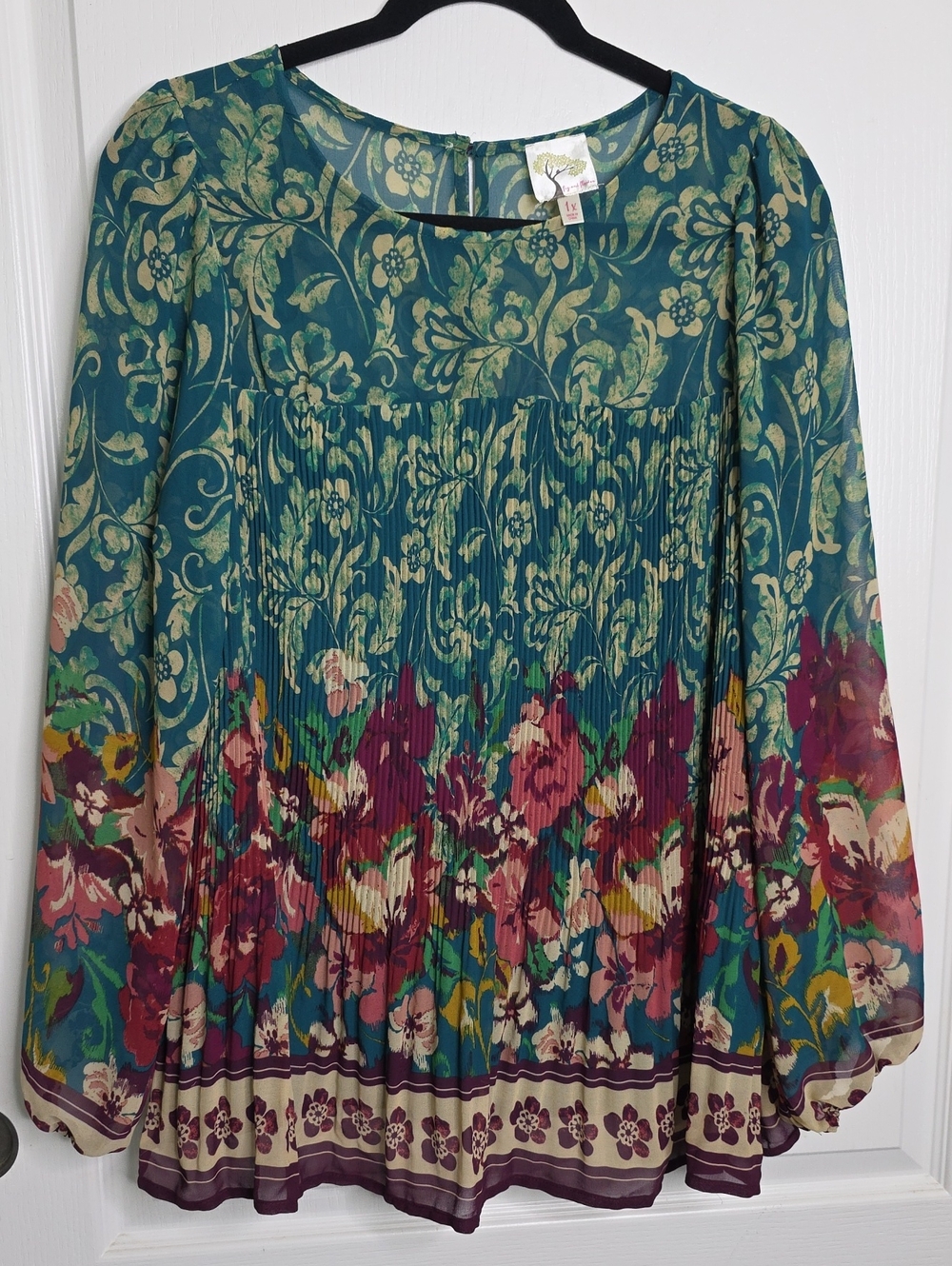 Fig And Flower Plus Size 1X Teal Floral Pleated Long Sleeve Blouse Fall Top